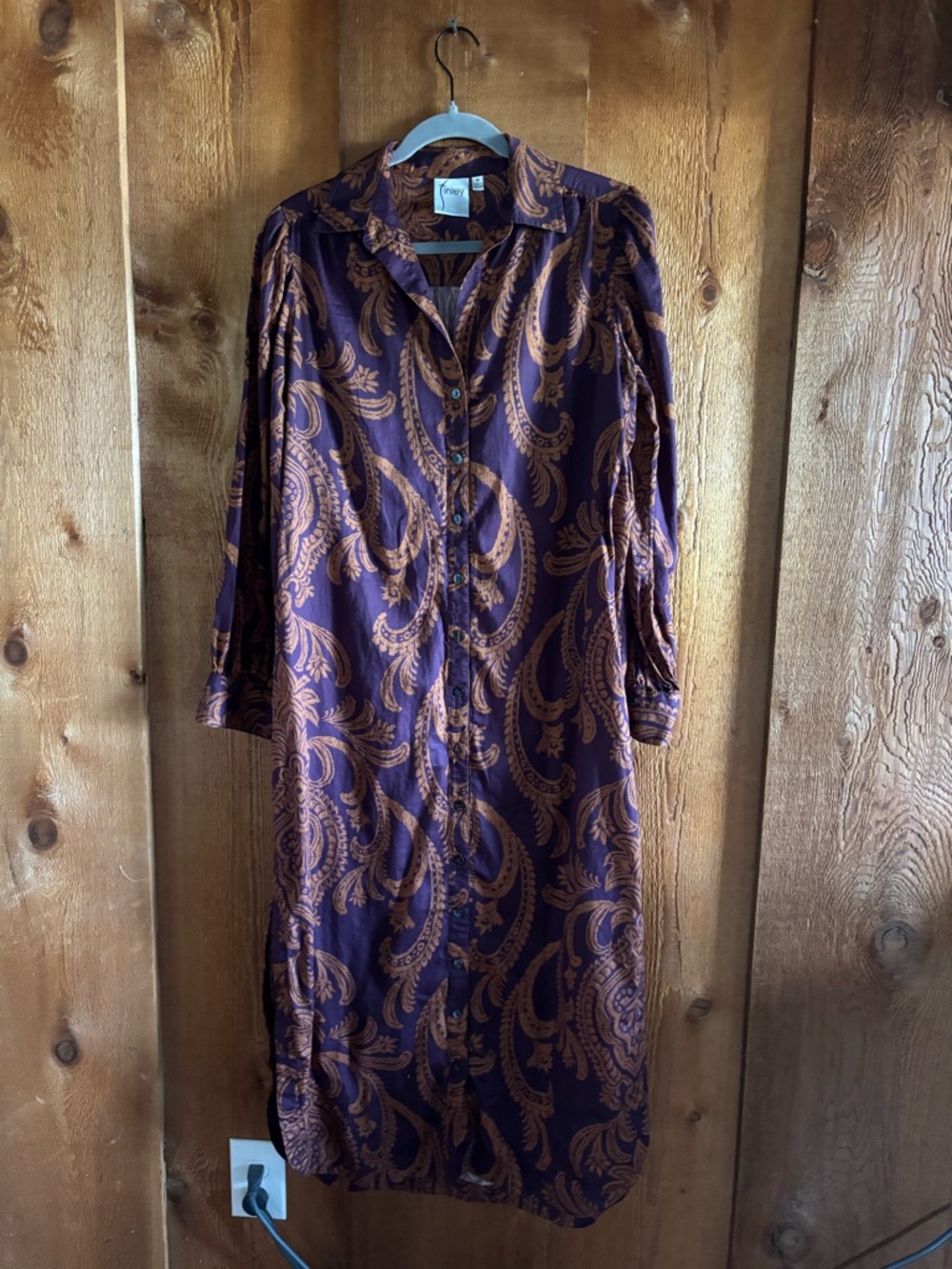 Finley Plum Purple & Cognac Paisley 100% Cotton Midi Shirt Dress Made in USA M